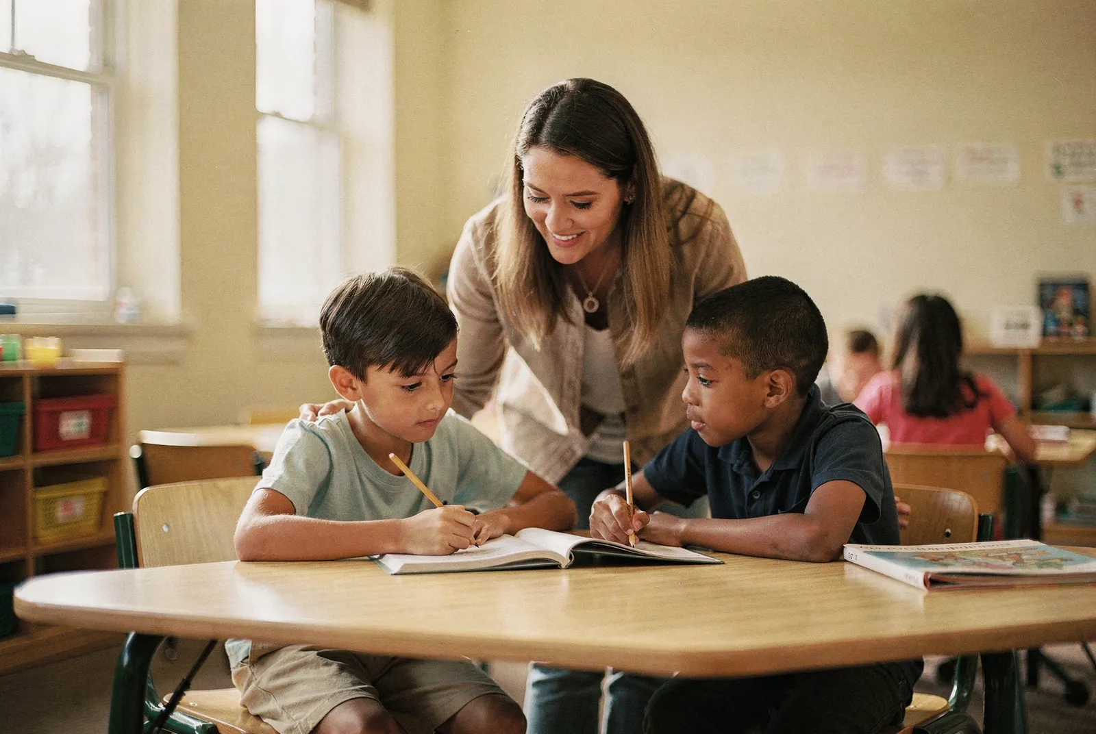 A Riverbend teacher helping two elementary students at their desk