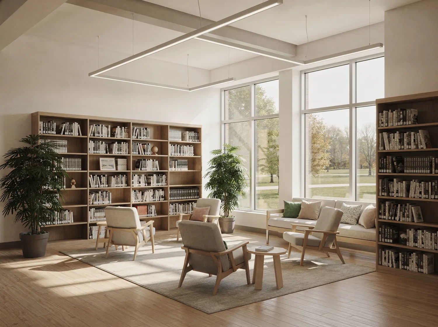 A sunlit library and media commons in a Riverbend school